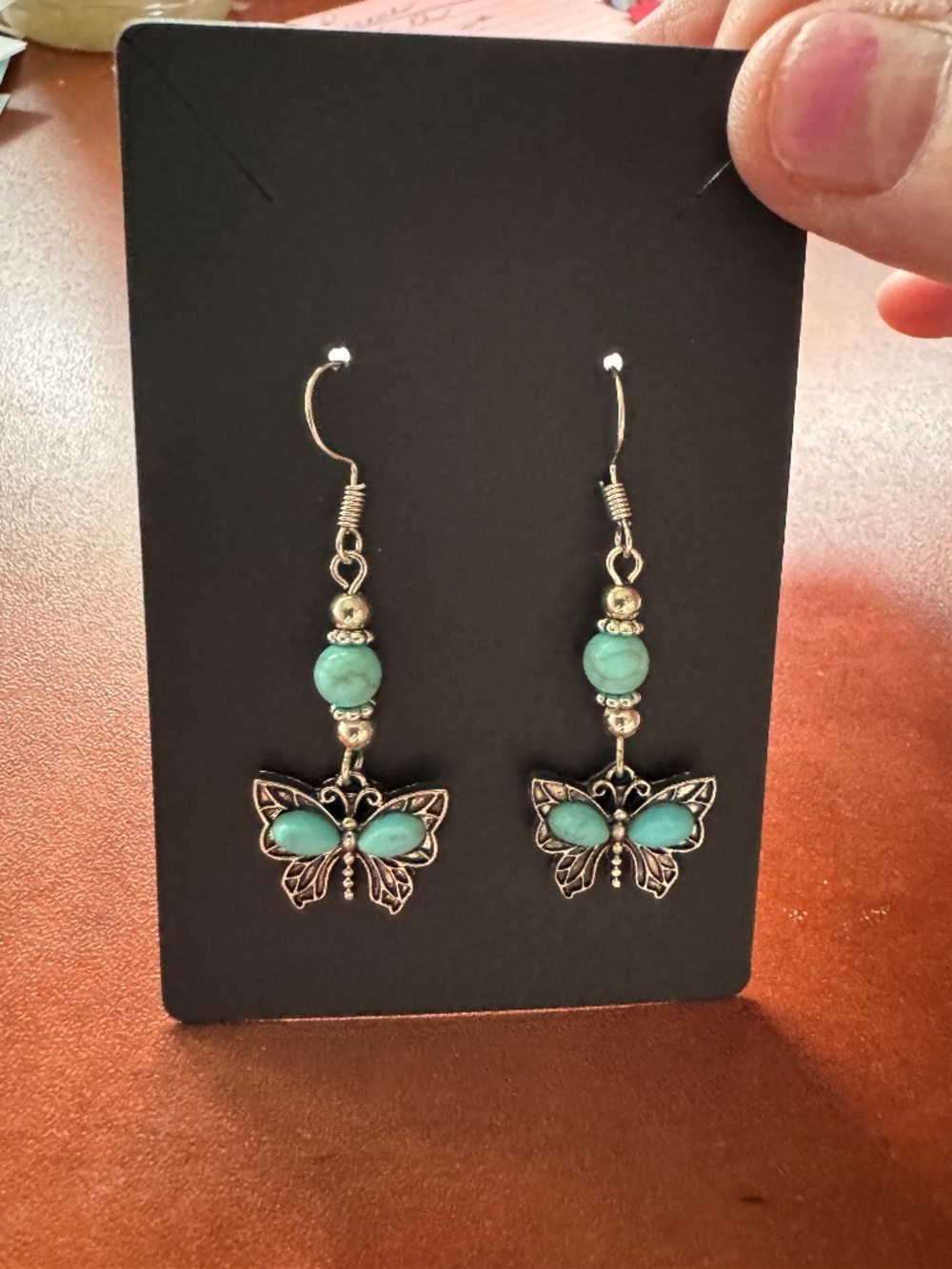 Pierced Earrings, Silvertone with Turquoise dangle, New!!
